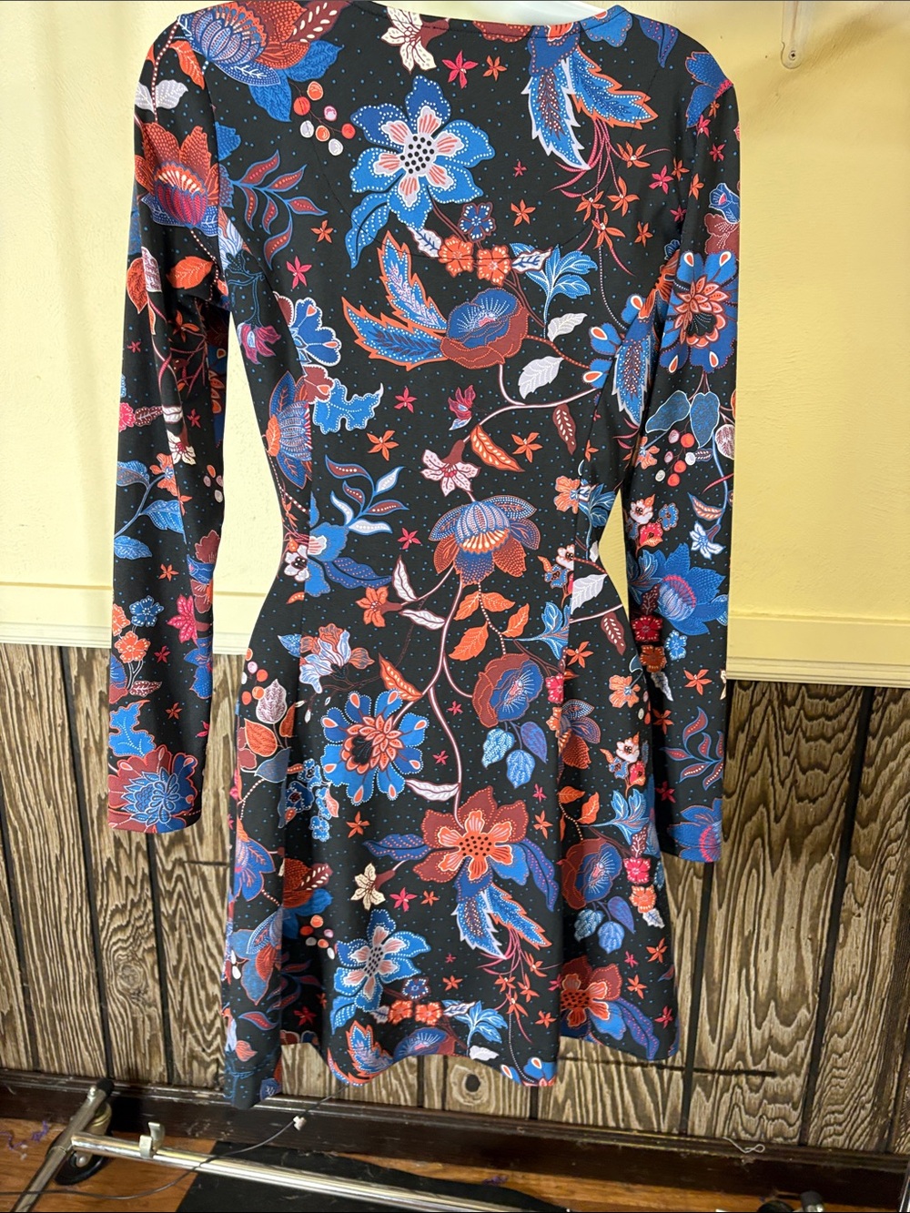 Title Nine Black Long-Sleeve Fit & Flare Dress with Red and Blue Floral Print - Picture 3 of 5